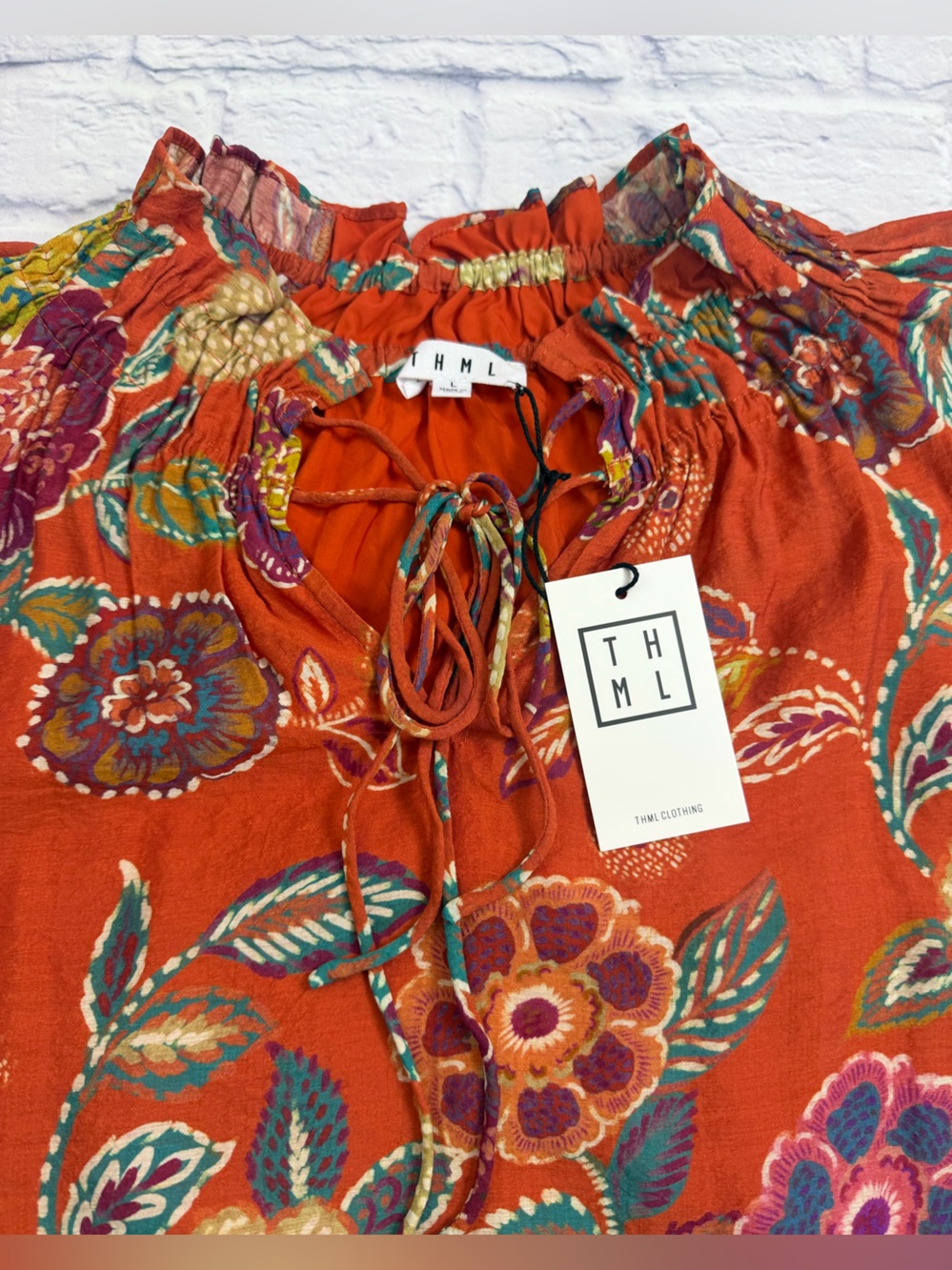 NWT Anthropologie THML Orange Floral Bohemian Blouse. Size Large. - Picture 2 of 11